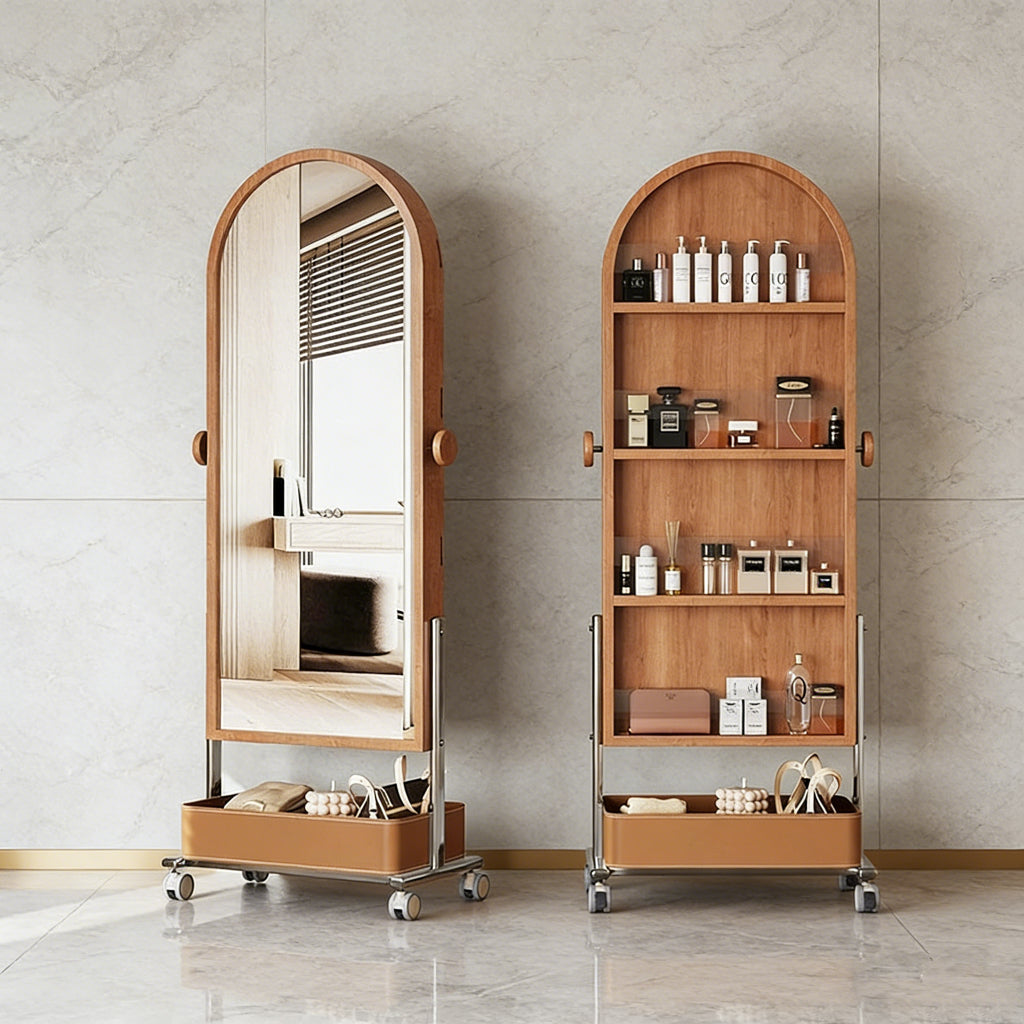 Artisanal Cherry Wood Rotating Full-Length Mirror & Storage Unit