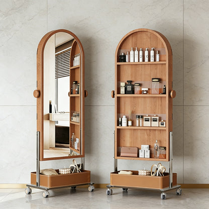 Artisanal Cherry Wood Rotating Full-Length Mirror & Storage Unit