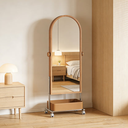 Artisanal Cherry Wood Rotating Full-Length Mirror & Storage Unit