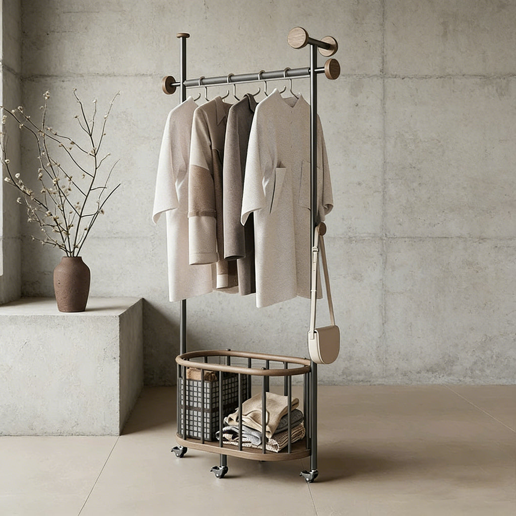 Modern Minimalist Walnut & Steel Rolling Coat Rack