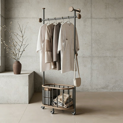 Modern Minimalist Walnut & Steel Rolling Coat Rack