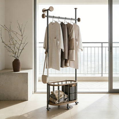 Modern Minimalist Walnut & Steel Rolling Coat Rack
