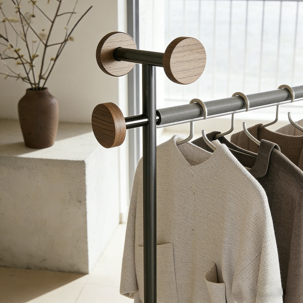 Modern Minimalist Walnut & Steel Rolling Coat Rack