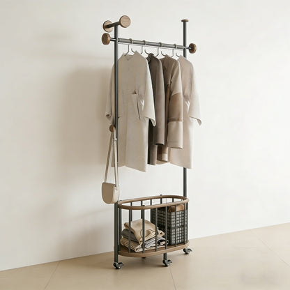 Modern Minimalist Walnut & Steel Rolling Coat Rack