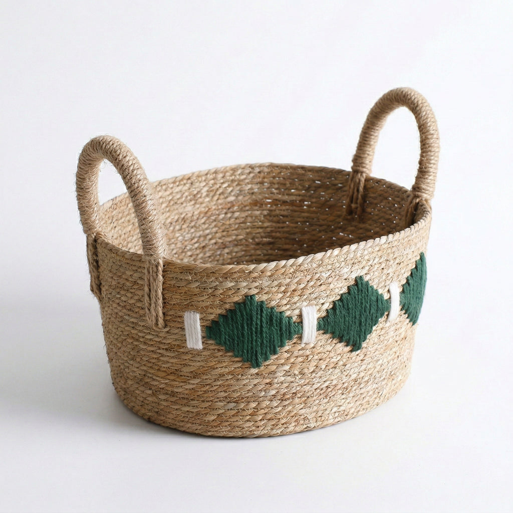 Artisan Woven Straw Storage Basket – Geometric Detail