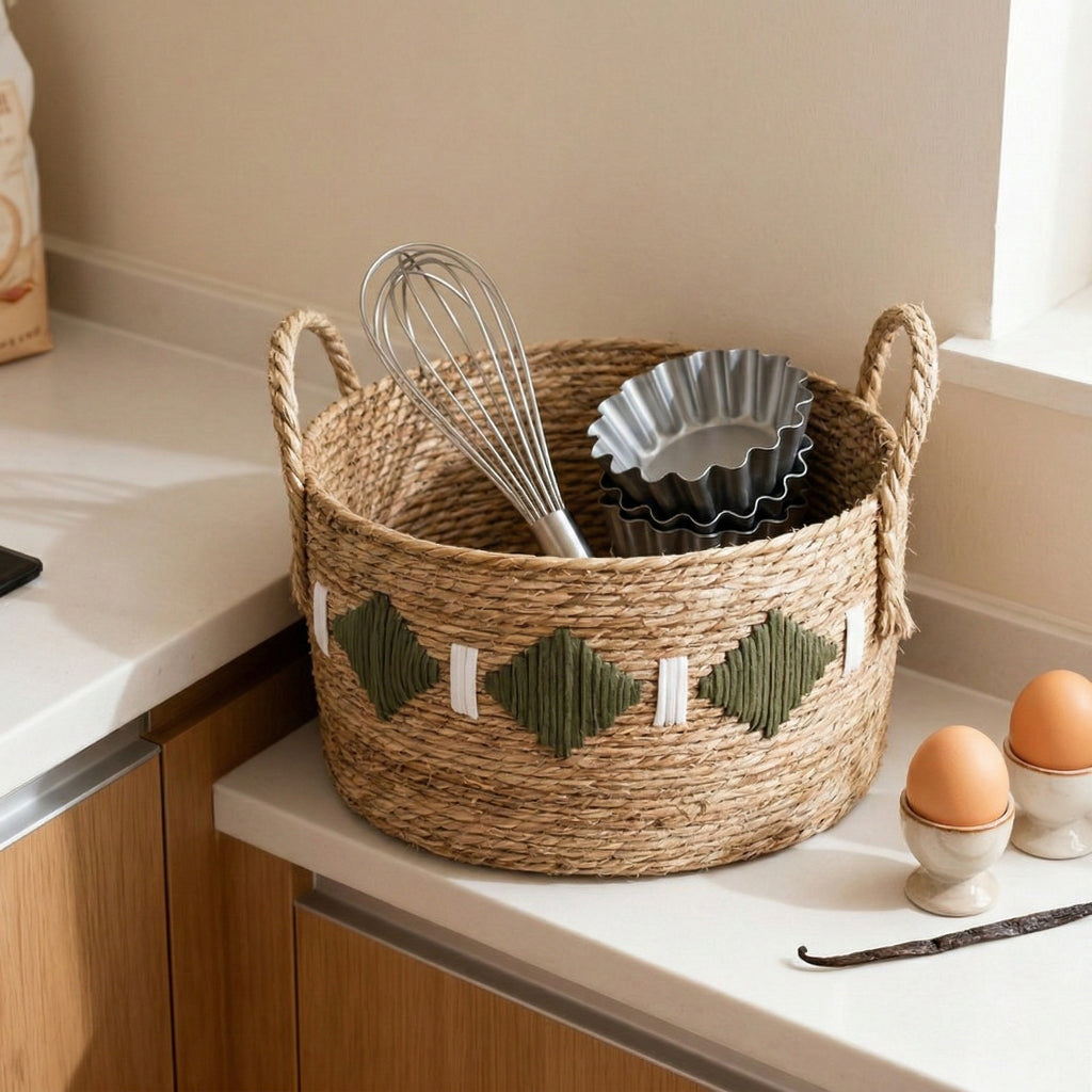 Artisan Woven Straw Storage Basket – Geometric Detail